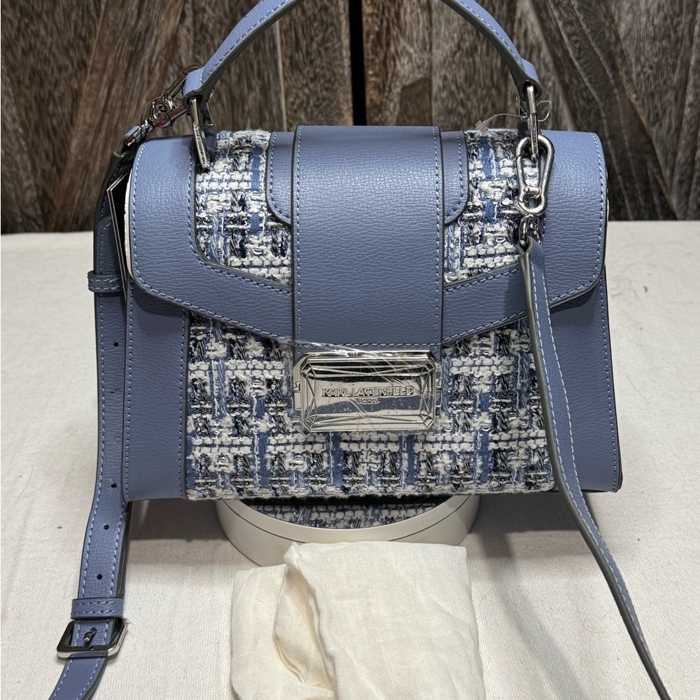Karl Lagerfeld Blue and White Tweed Crossbody Bag